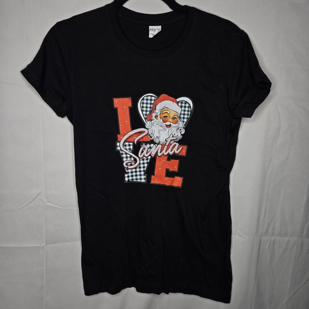 Large Womens Black 'Love Santa' Graphic T-Shirt Christmas Holiday Magic Plaid